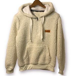 SIMPLY SOUTHERN Sherpa Teddy Cream 1/4 Zip Up Hoodie with a Kangaroo Pocket.